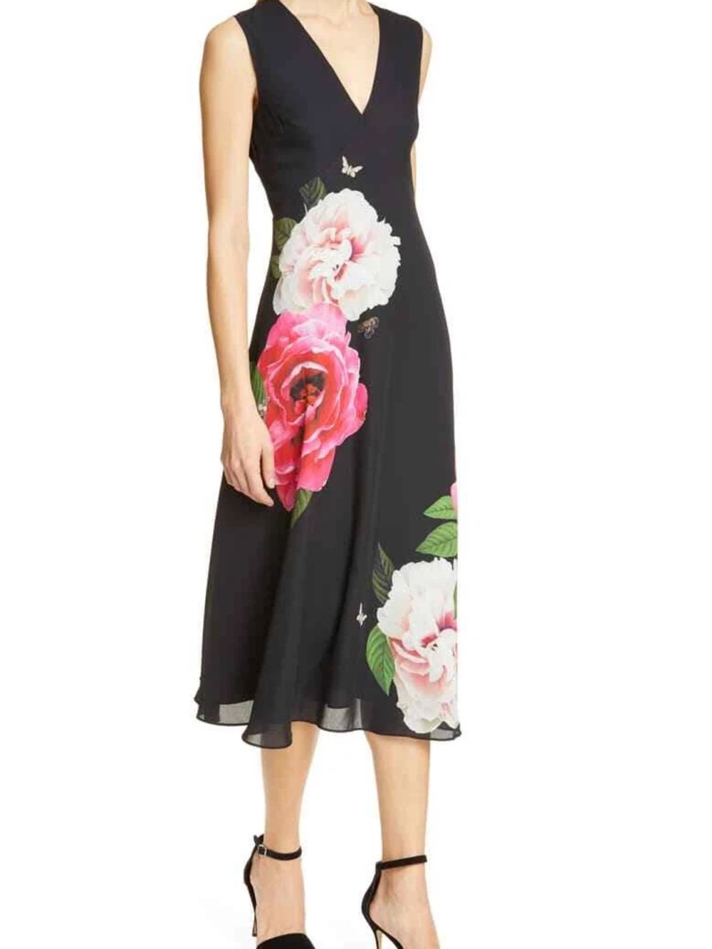 Ted Baker Women’s Black Midi Dress with Pink & White Rose Print